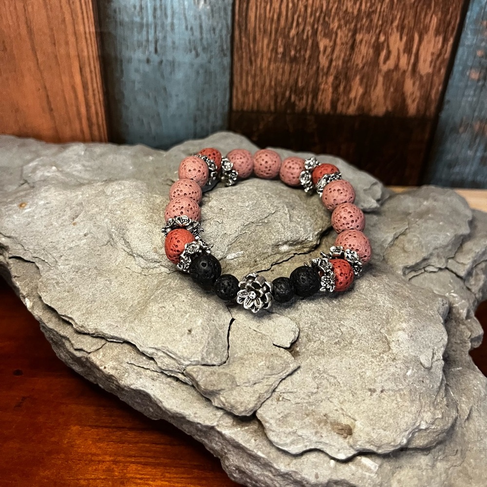 Pink and Black lava stone diffuser Beaded Bracelet